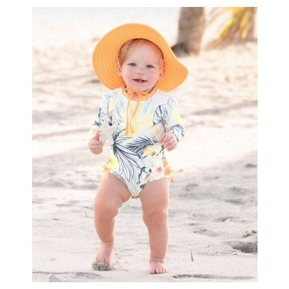 RuffleButts Toddler Tropical Floral Rash Guard One Piece Swimsuit Size 3-6Mo - Picture 2 of 8